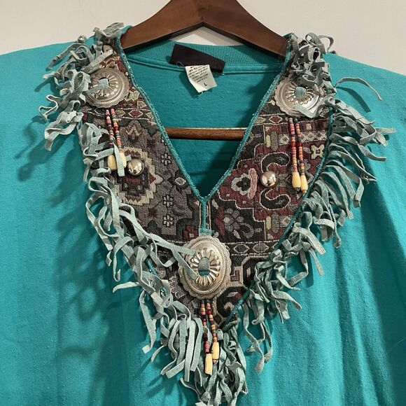 Vintage T-SHIRT Western Core Cowgirlcore Conchos Teal Fringe Size L 80'S - Picture 2 of 5